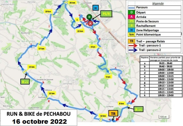 plan parcours Run & bike pechabou avec informations