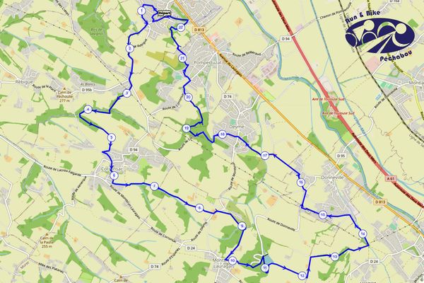 plan parcours run & bike pechabou avec bornes kilométriques sens