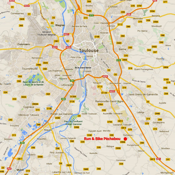 Plan routier situant Péchabou au sud-est de Toulouse